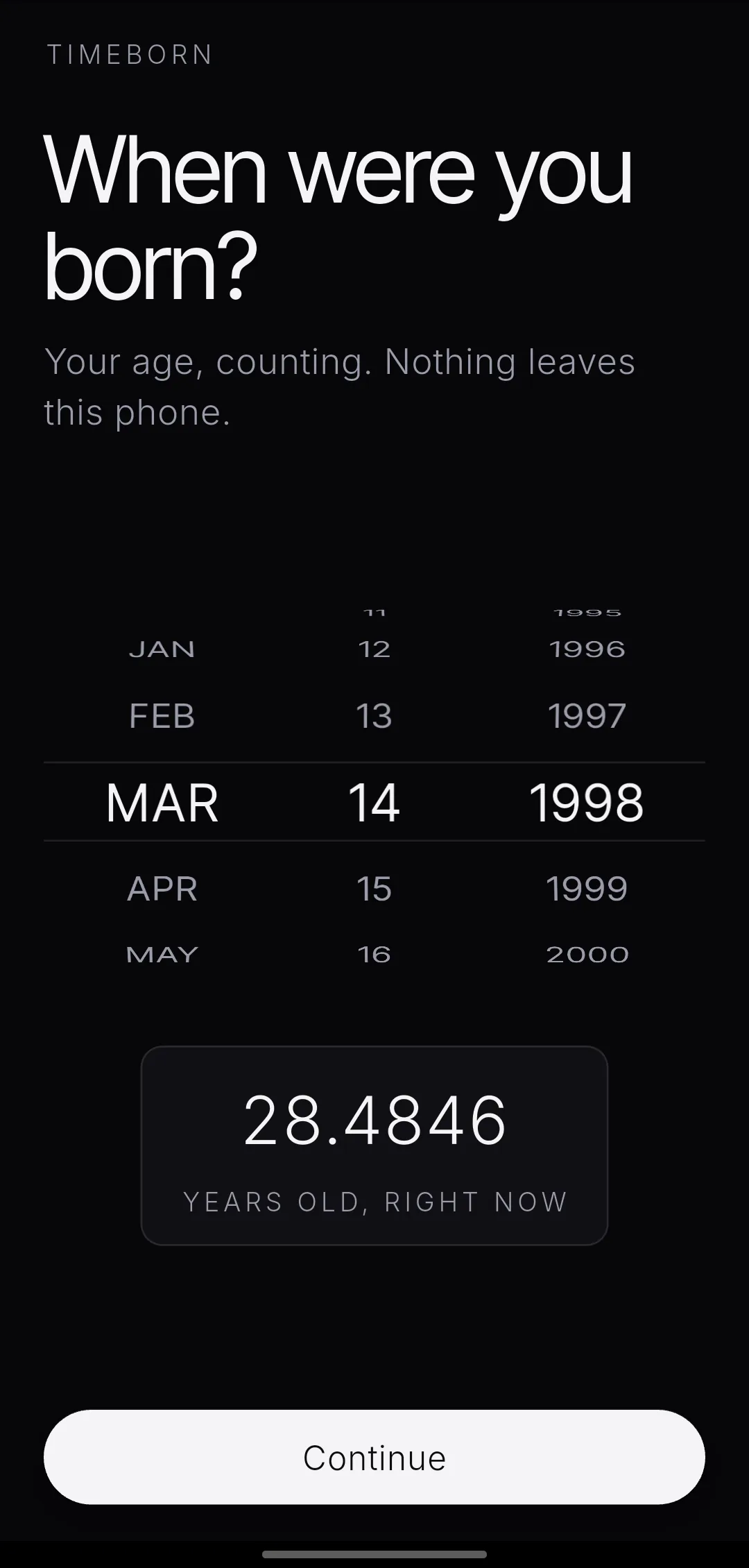 TimeBorn onboarding screen asking for a birth date